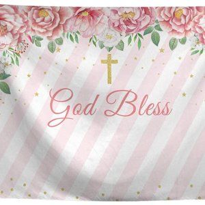 Allenjoy God Bless Baptism Backdrop 10x8ft, Pink Stripes Floral Background